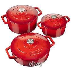 3 Piece Cast Iron Casserole Dish Set Cooking Pot Hob Oven 20cm/26 cm/28 cm Red