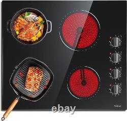 4 Zone Electric Ceramic Hob 60cm 6000W Knob Control Non-Abrasive Black Glass