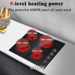 4 Zone Electric Ceramic Hob 60cm 6000W Knob Control Non-Abrasive Black Glass