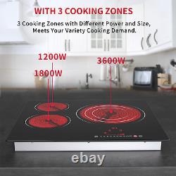 60cm Electric Ceramic Hob in Black Built-in Worktop 3 Zones Touch Control Timer