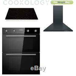 Cookology Black Built-under Double Oven, Ceramic Hob & Chimney Cooker Hood Pack