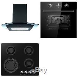Cookology Black Electric Fan Oven, Glass & Cast-Iron Gas Hob & Curved Hood Pack