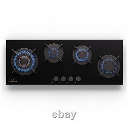 Gas Hob 90 cm 4 Burners Built-in Cooktop Gas Cooker Glass Ceramic Surface Black