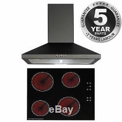 SIA 60cm Black 4 Zone Touch Control Ceramic Hob And Pyramid Chimney Cooker Hood