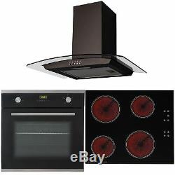 SIA 60cm Black Single Oven, 4 Zone Ceramic Hob And Curved Glass Cooker Hood Fan
