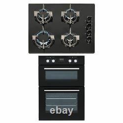 SIA 60cm Built In Double Electric Fan Oven & 4 Burner Black Gas On Glass Hob