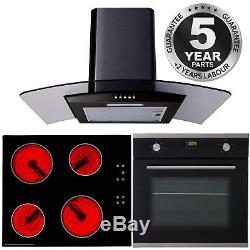 SIA 60cm Single Electric Oven, Black Ceramic Hob & Cooker Hood Glass Extractor