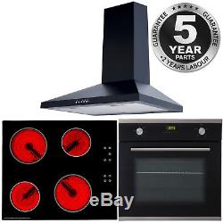 SIA Black Single 60cm Electric Oven Ceramic Hob & Chimney Cooker Hood Extractor